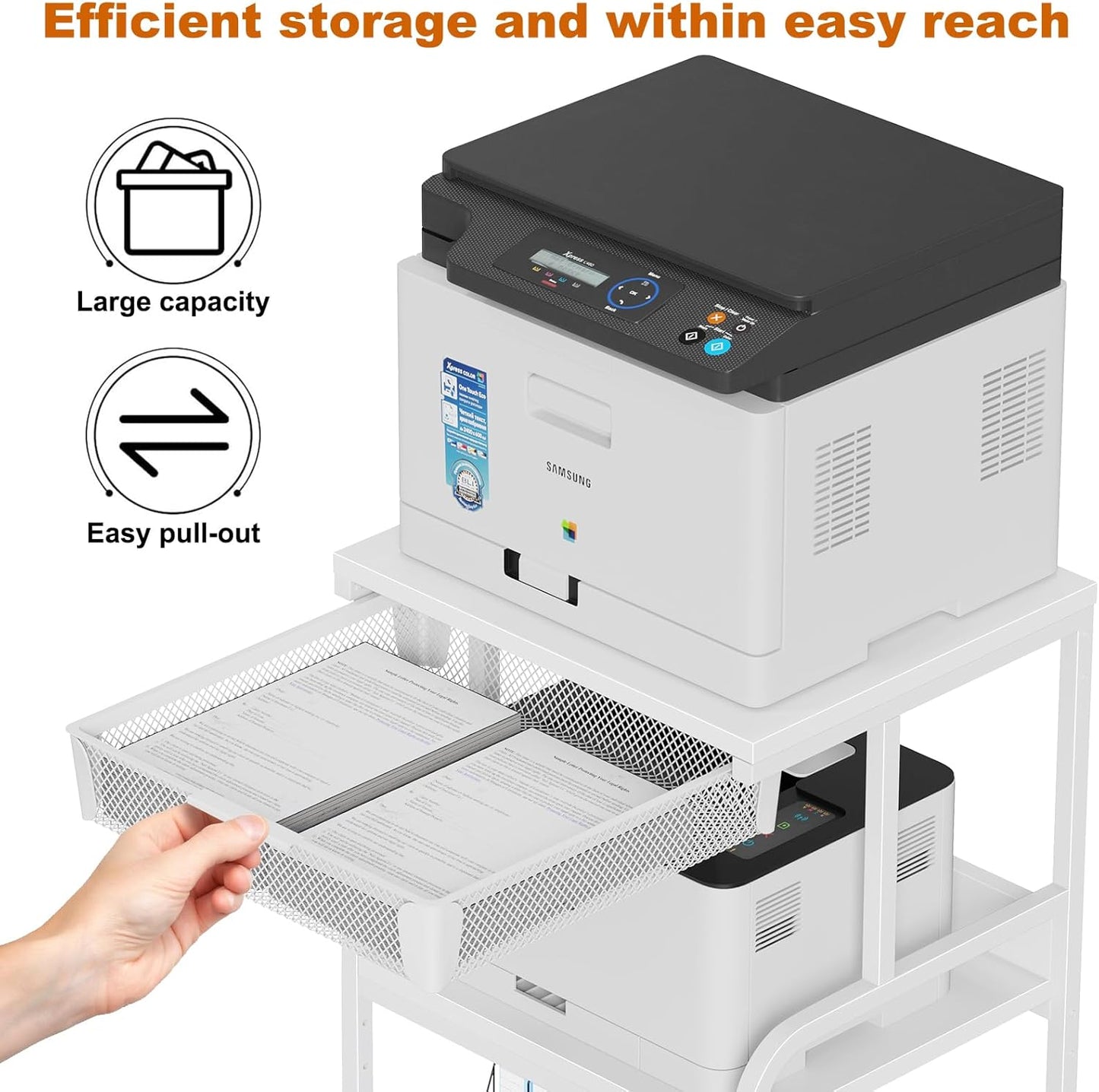 EasyCom Large 3-Tier Rolling Printer Stand with Storage Drawer & 5 Adjustable Shelves Mobile Cart with Industrial Wheels for Home Office Desk Fits 3D Printer, Scanner, and Fax White
