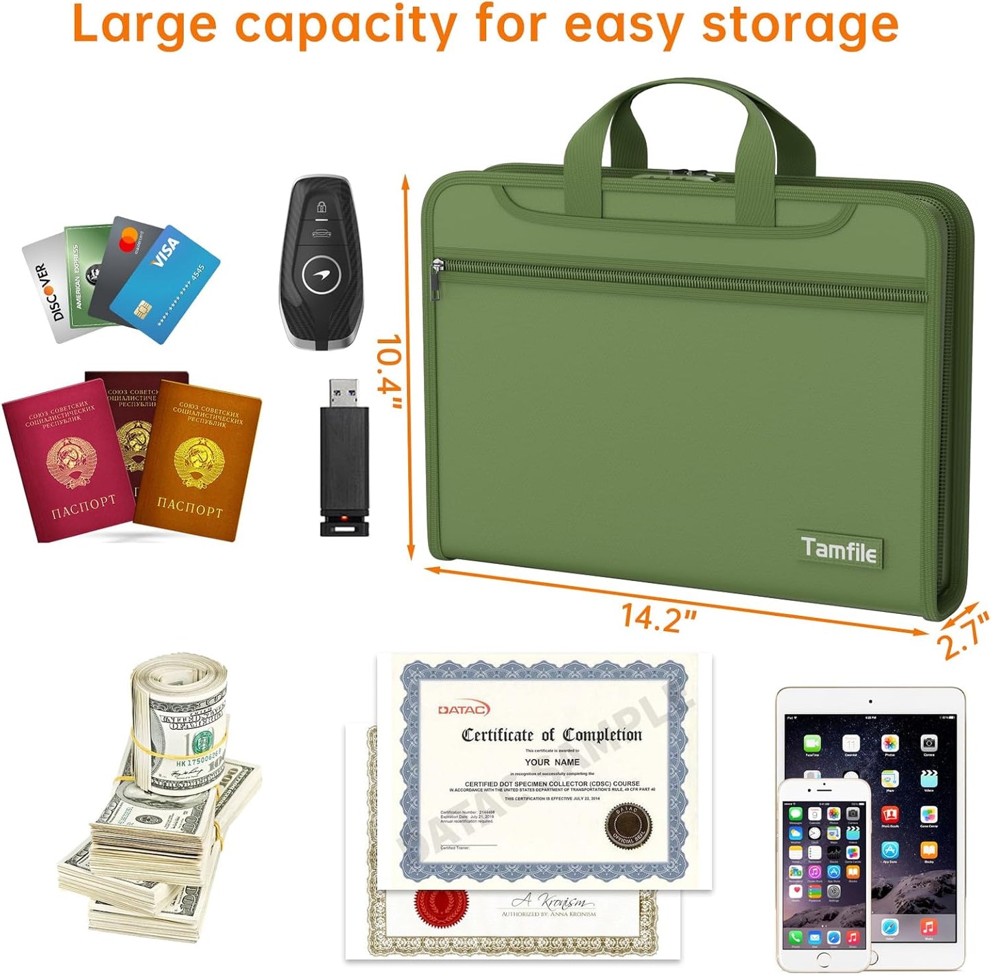 5200℉ Fireproof Accordion File Organizer with Lock, Thickened Document Organizer 13 Pocket with Zipper & Labels, Important Document Organizer, Expanding File Folder with Handle for Letter A4 (Green)