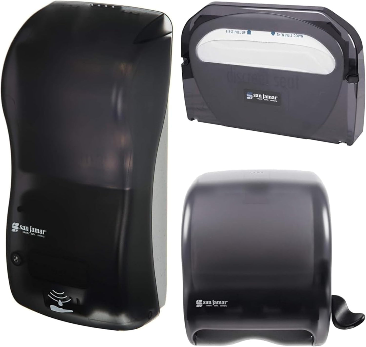 San Jamar Classic Black Pearl Set – Hybrid Soap & Sanitizer Dispenser (900 ml), Toilet Seat Cover Dispenser, and Commercial Paper Towel Roll Dispenser for Bathrooms