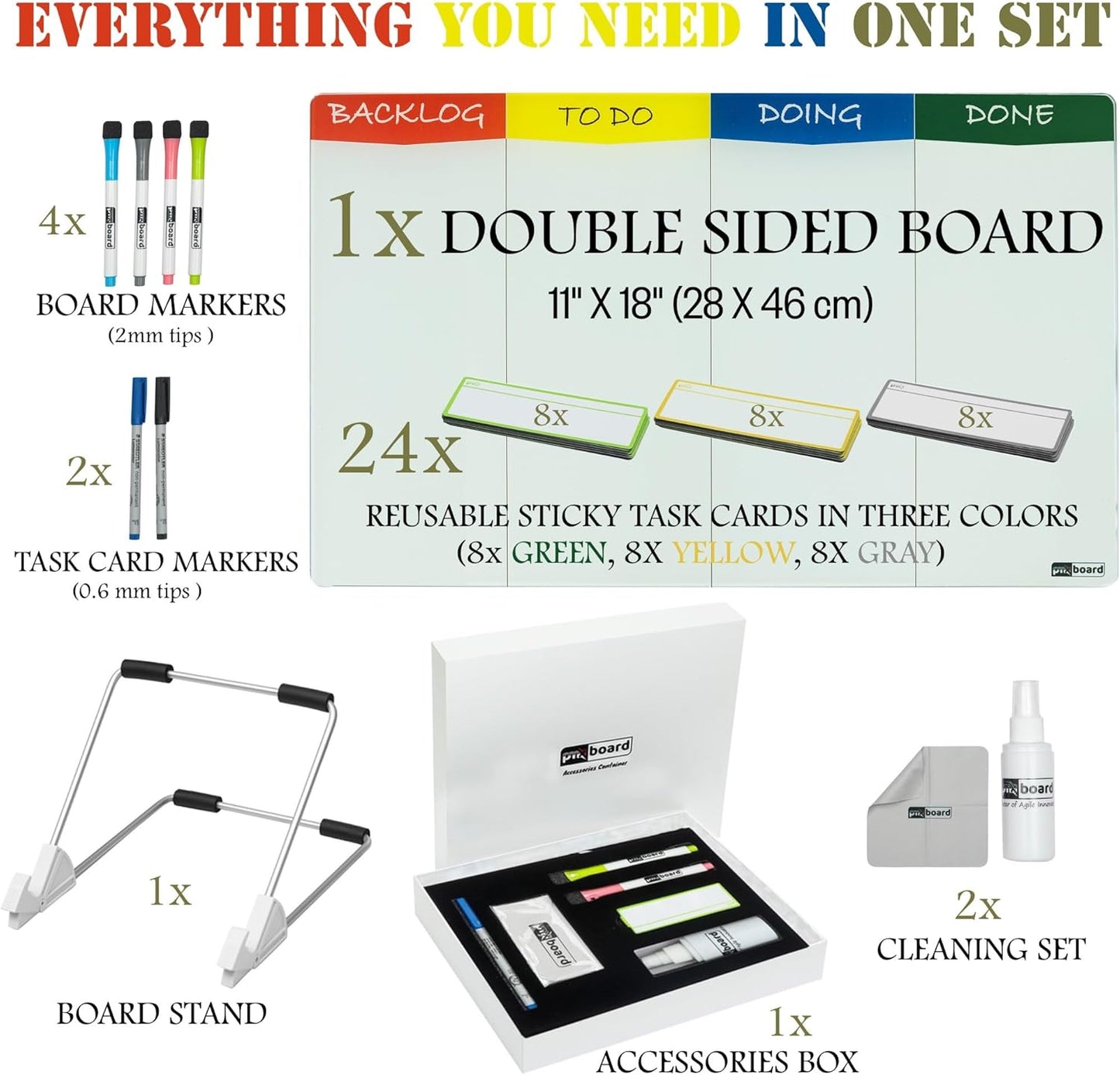 Double Sided Desktop WhiteBoard Kanban Set with Stand.18 x11,Dry Erase Glass Board, 24 Reusable Task Cards, 6 Markers, Accessories. Portable Project Management Planning Productivity WhiteBoard Kit