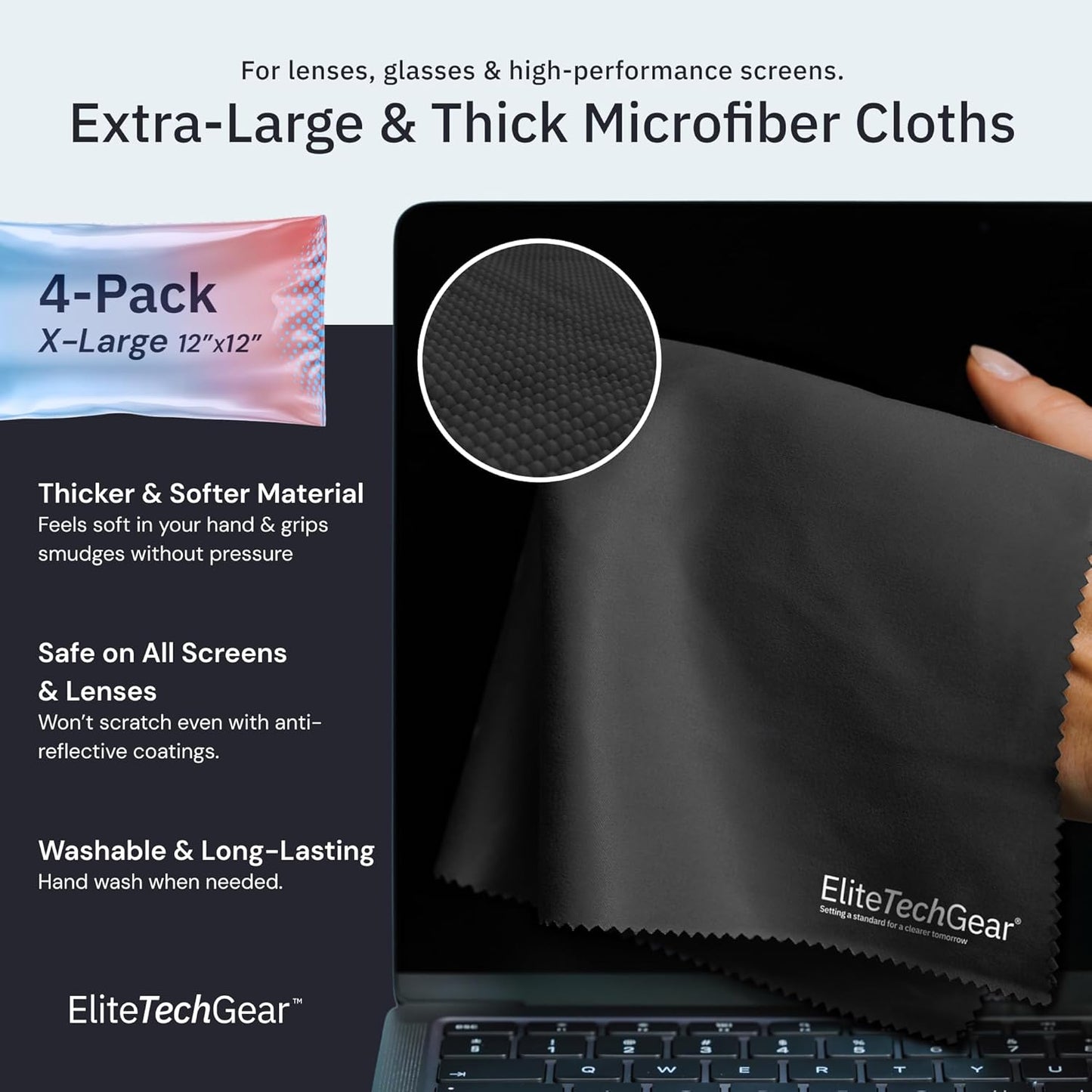 Elite Tech Gear Microfiber Cleaning Cloth for Glasses- 4-Pack, 12" x 12"- Durable Oversized Glasses Cleaning Cloth- Eyeglass Cleaning Wipes for Lenses, Electronics- High Tech Quality Material (Black)
