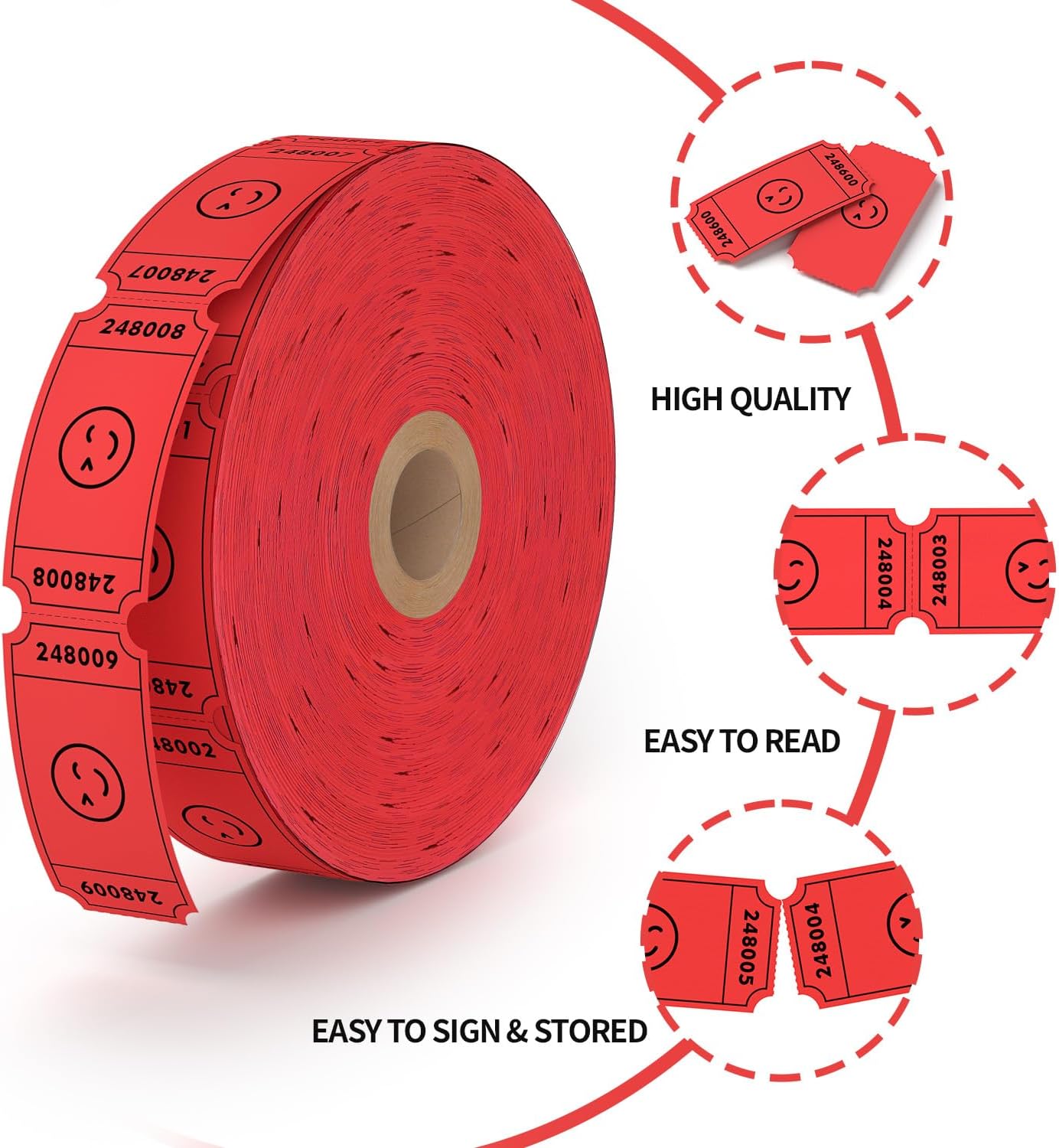 Methdic 1000 Smile Raffle Tickets Red, Single Roll, Ticket for Events, Entry, Class Reward, Fundraiser & Prizes