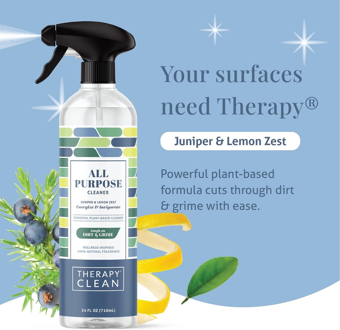 Therapy Clean All Purpose Cleaner Juniper & Lemon Zest 24 oz (Pack of 6), 100% Natural Fragrance, Plant-Powered Multipurpose Cleaner