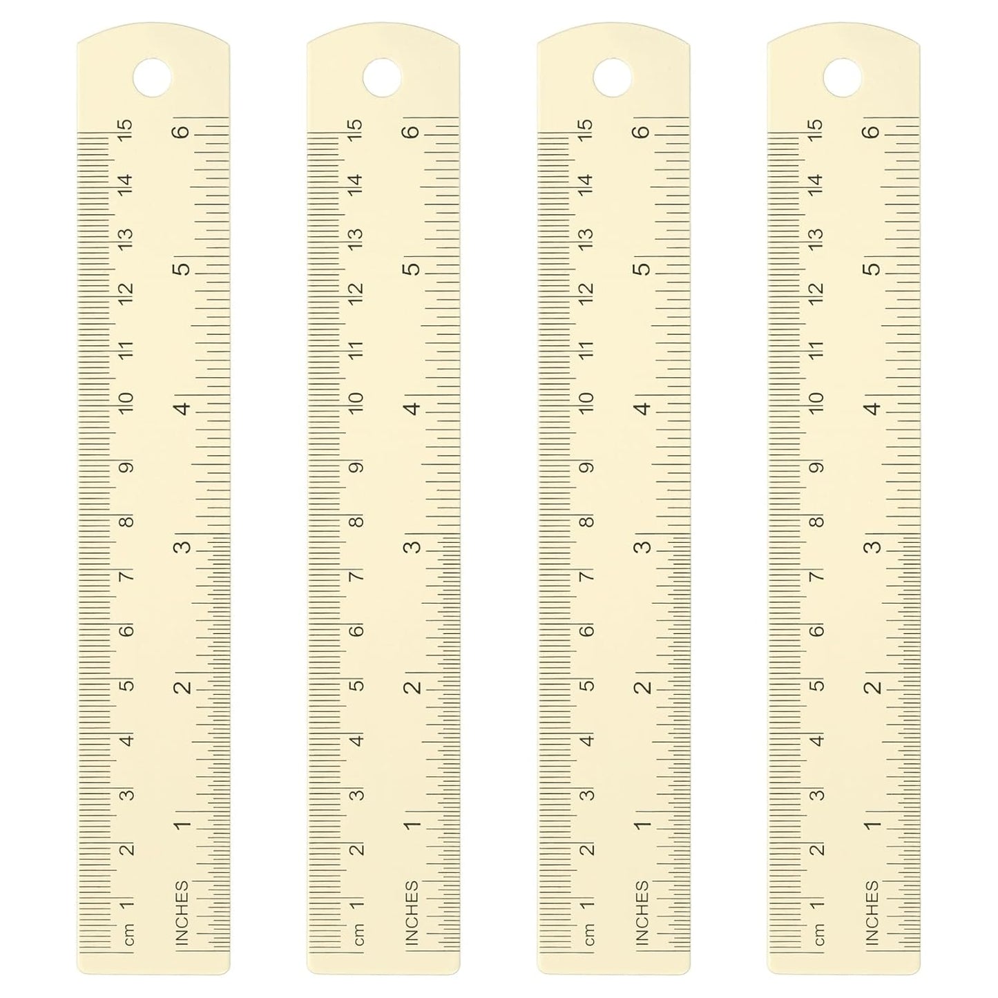 HARFINGTON 4pcs Metal Straight Ruler 15cm Metric SAE Aluminum Alloy Measuring Rulers Scale Tool with Hole for Measure Study Reading Classroom Office, White