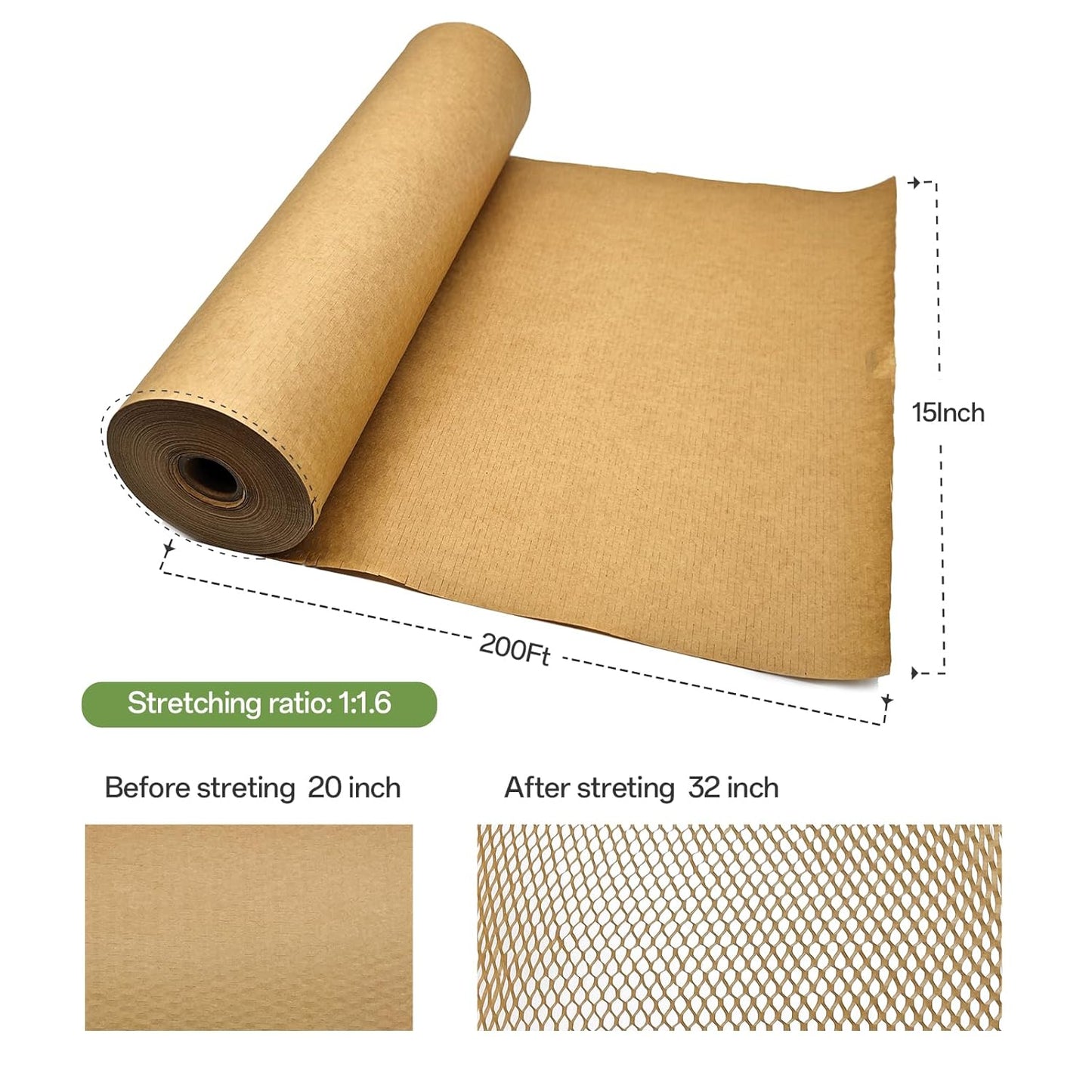 Honeycomb Packing Paper, 15" x 200' Honeycomb Cushioning Wrap Roll for Moving Shipping Packaging Gifts, Recyclable Honeycomb Paper Moving Supplies Bubble Paper Wrapping Protective Roll Khaki