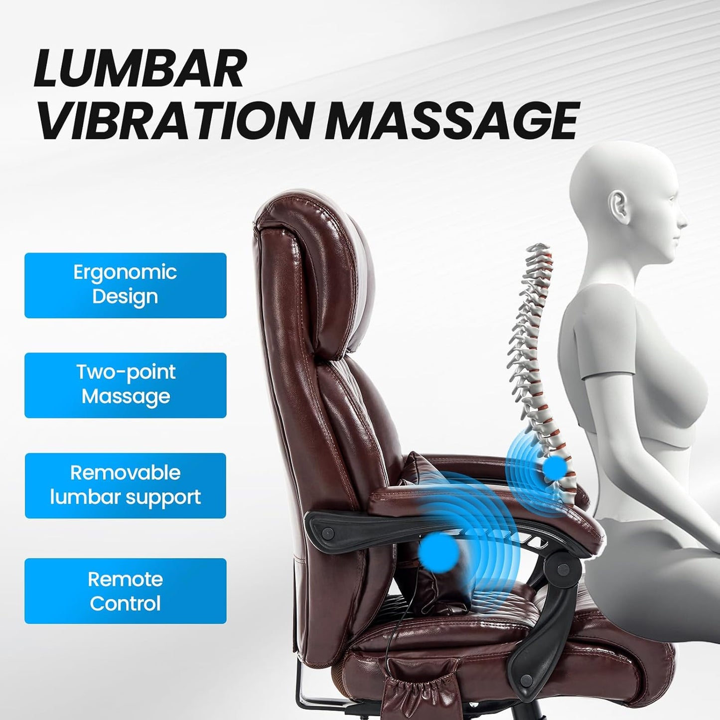 Lumbar Massage Office Chair, 500LBS Big and Tall Office Chair, Heavy Duty Ergonomic Executive Reclining Chair with High Back and Lumbar Support, Brown