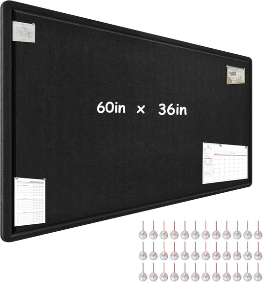 Large Bulletin Board - 60 x 36 Inches, Foldable Decorative Felt Board for Wall Photo Display Board with Self-Adhesive Tape, Includes 36 Push Pins - Black