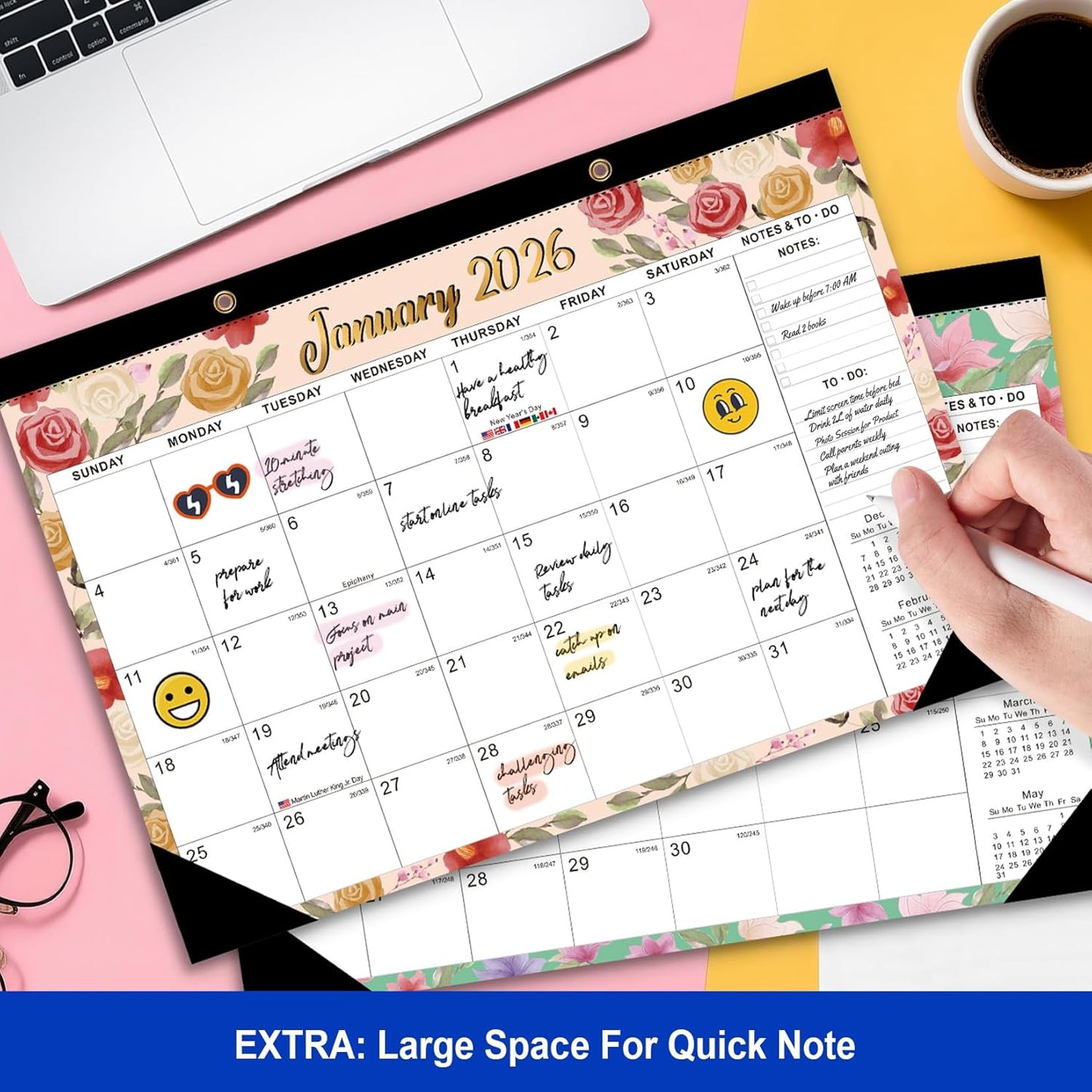 Comix 2026 Desk Calendar - 12x17 Inch, January 2026 to December 2026, 12 Months Calendar, Calendar Monthly Planner with Large Writing Blocks, Ideal for Home, School and Office, Watercolor Flowers