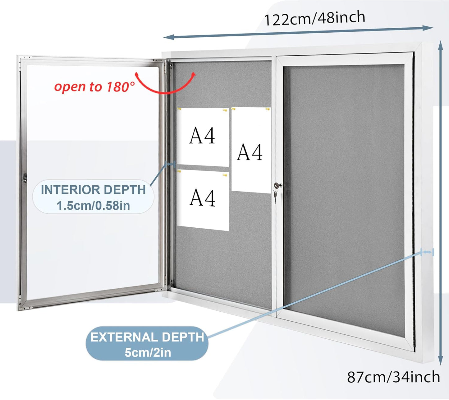 Outdoor Bulletin Board Weatherproof 48x36 in,Enclosed Bulletin Board with Locking Door, Wall Display Case for Office School Home Commercial, Silver Aluminum Frame, Gery Felt
