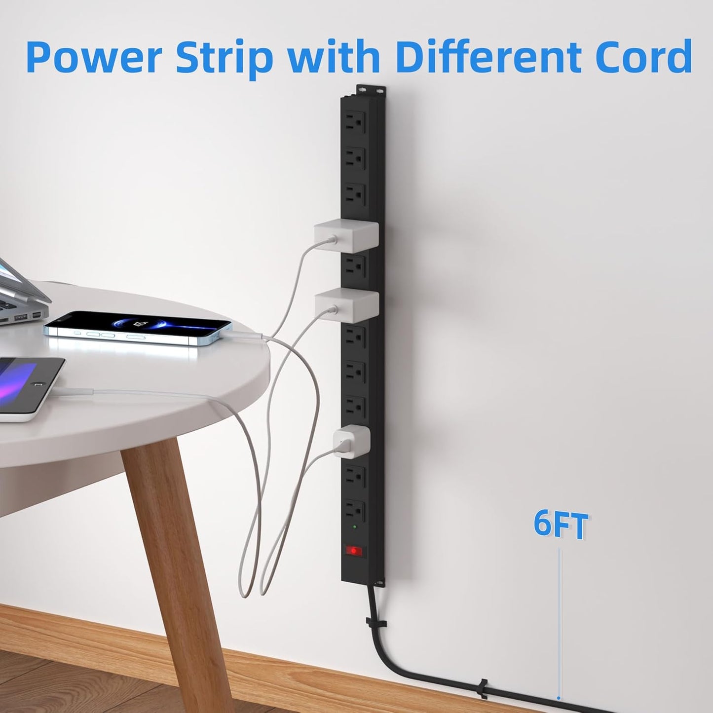 12 Outlet Long Power Strip with 15A Circuit Breaker,Black Wall Mount Heavy Duty Power Strip with 6FT/14AWG/15A/125V Extension Cord for Industrial,Garge,Office,Home and School,Black(6FT)