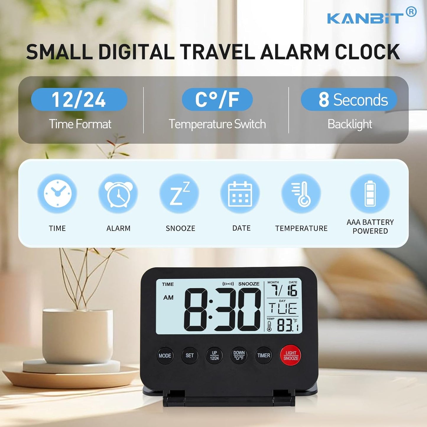 Small Digital Travel Alarm Clock, Large LCD Display Front Button with Date & Temperature, Snooze and 8 Seconds Backlight AAA Battery Operated Desk Clock for Home & Office, Black