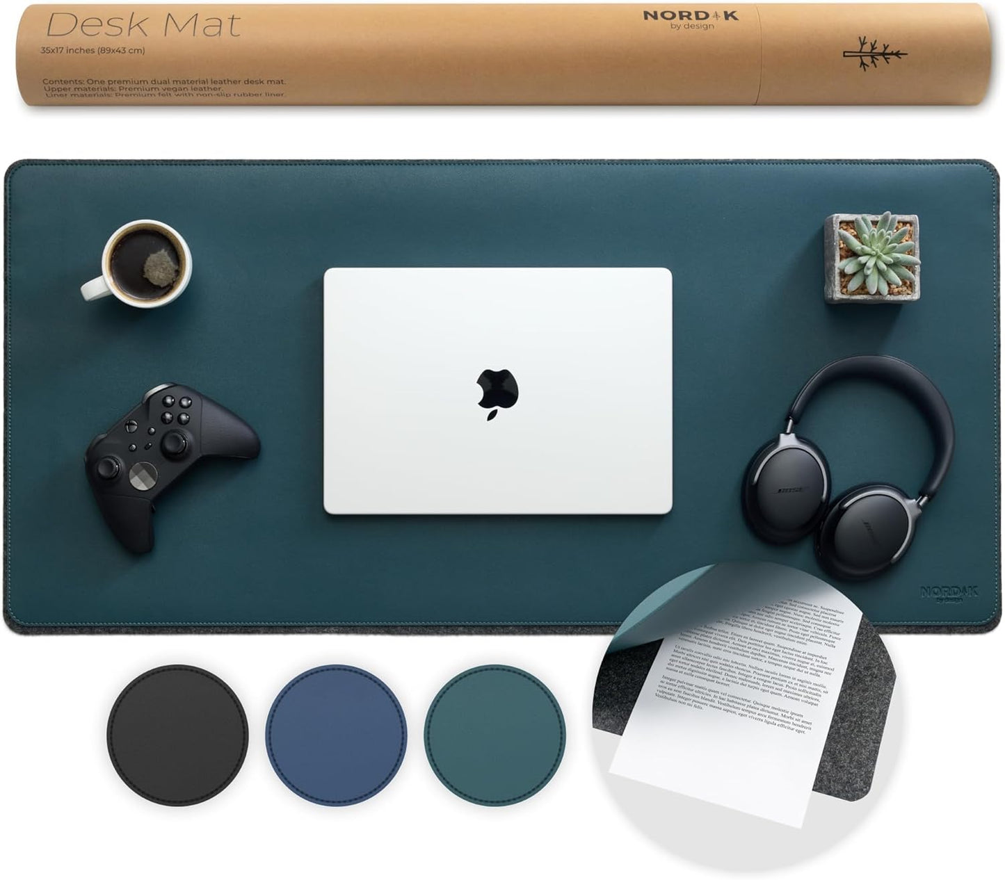 Nordik Felt and Leather Desk Mat Non-Slip - Green - 35 X 17 Inch - Dual Layer - Felt and Vegan Leather Desk Pad - Document Organizers - Blotter and Desktop Mat - Protector Laptop Matt for Desktop