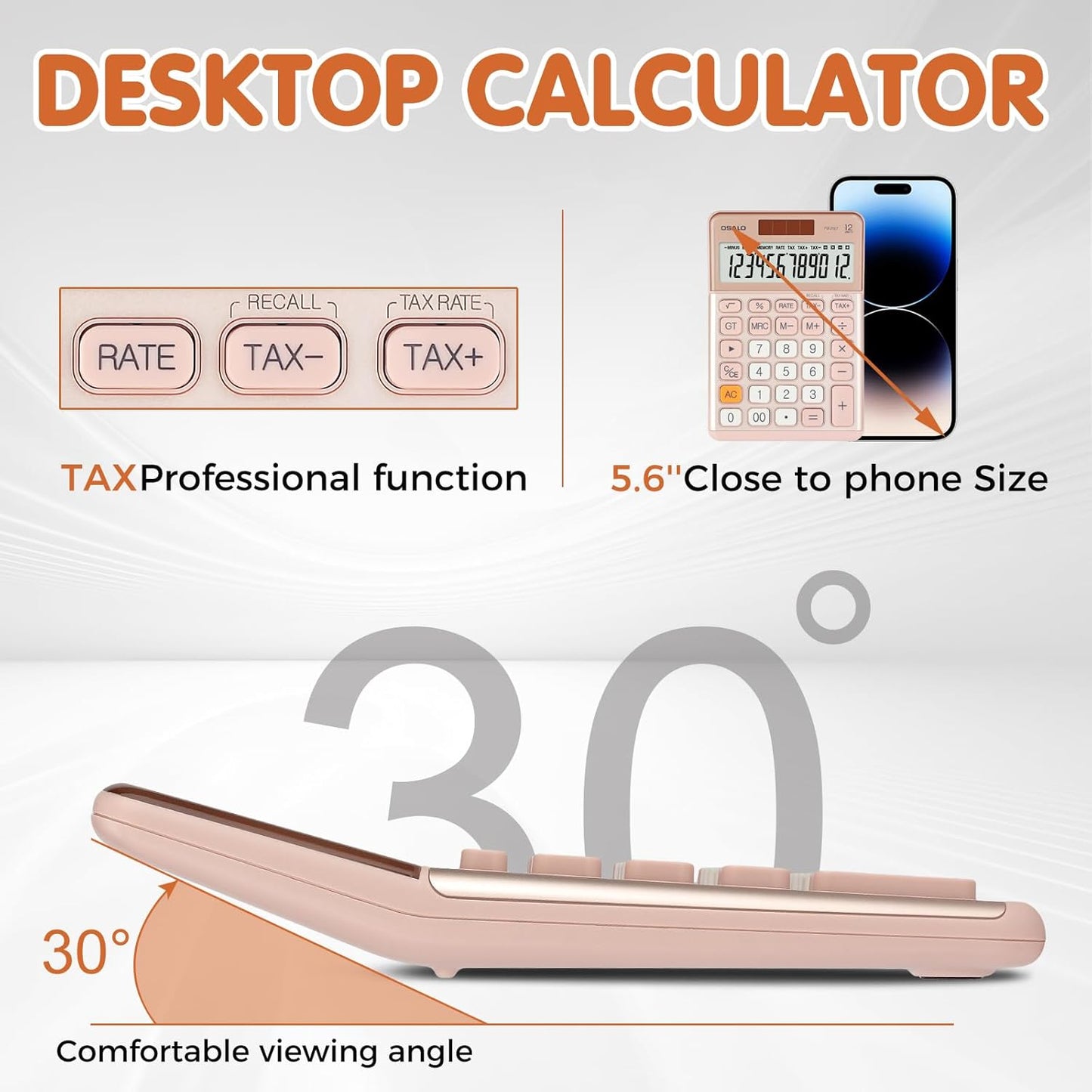 Pendancy Office Small Calculator Desktop with Tax+/- for Tax Calculation, 12 Digit Large LCD Display, Solar Battery Power, Durable Portable Design, Financial Accounting Business Home Use(OS-200T-Pink)