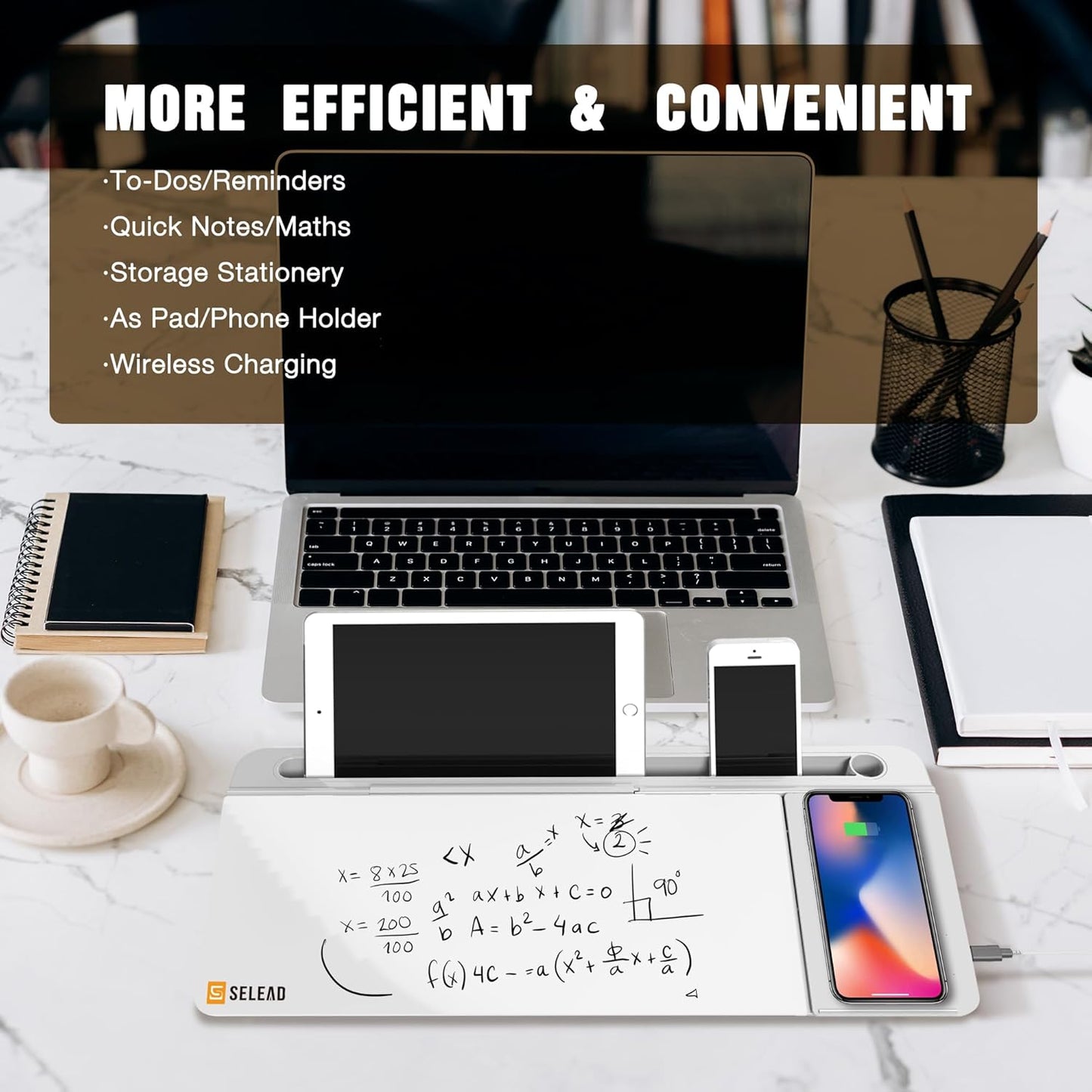 SELEAD Desktop Glass Whiteboard with Wireless Charger Station & Built-in Mirror, Dry Erase Board Computer Pad Keyboard Stand with Organizer for Home, School, Office Desk Accessories, White