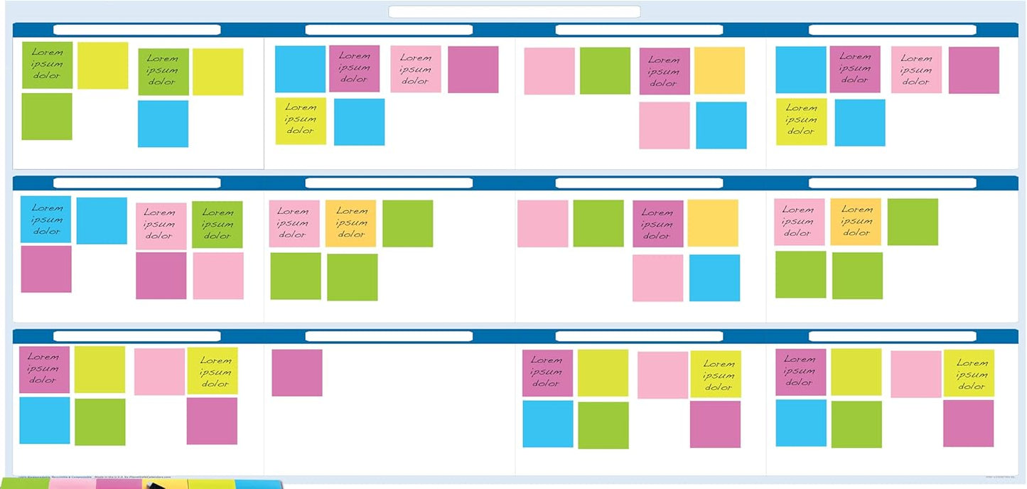Sky Blue 12 Section Task, Objective and Goals Planning System Horizontal 36" Tall x 75" Wide. Wall Tray, Dry-Erase Marker, Eraser and 600 Sticky-Notes