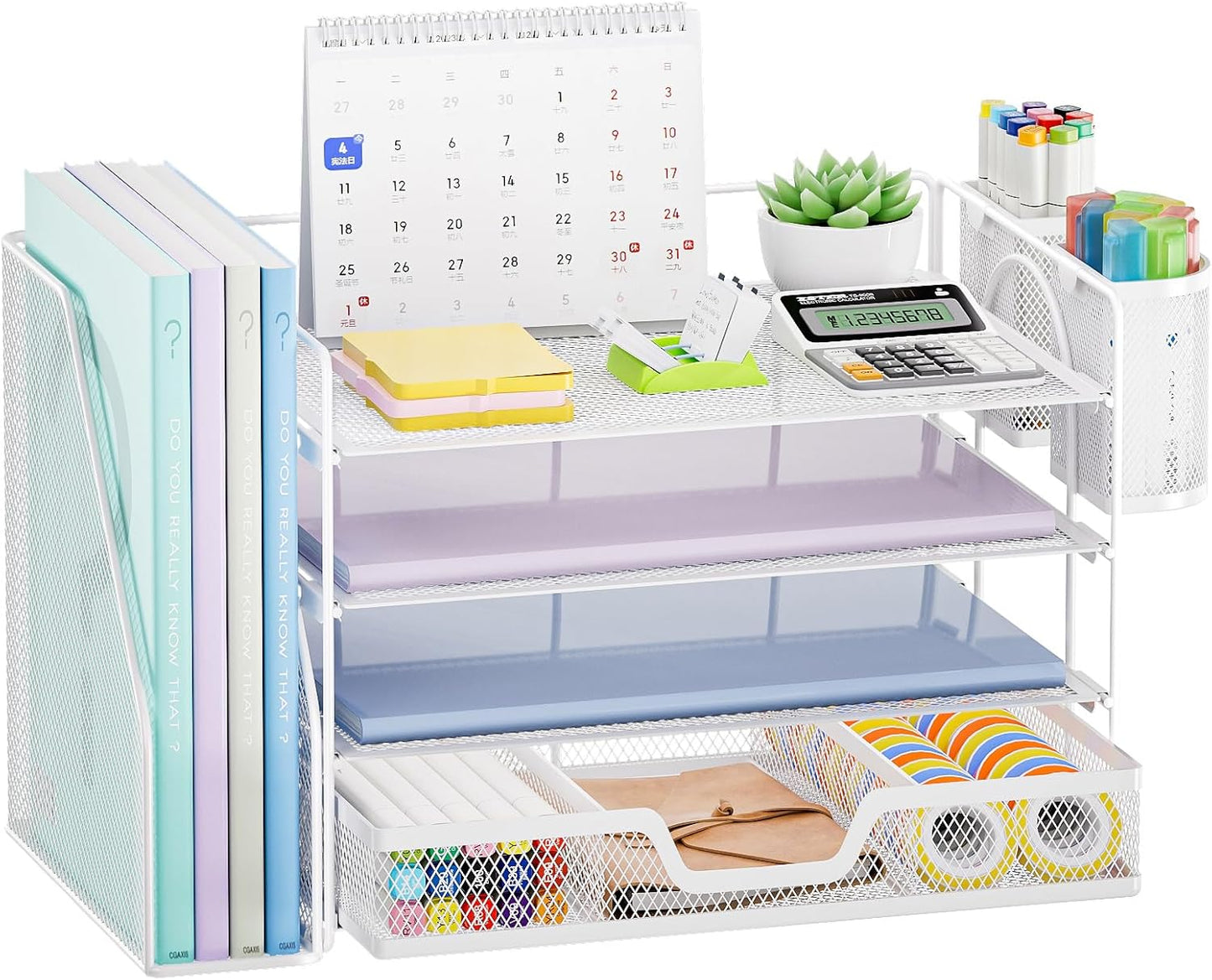 Marbrasse Desk Organizer and Accessories，4-Tier Paper Letter Tray Organizer with File Holder, Desk Accessories & Workspace Desk Organizers with Drawer and 2 Pen Holder (White, 15.4" x 9.1" x 8.3")