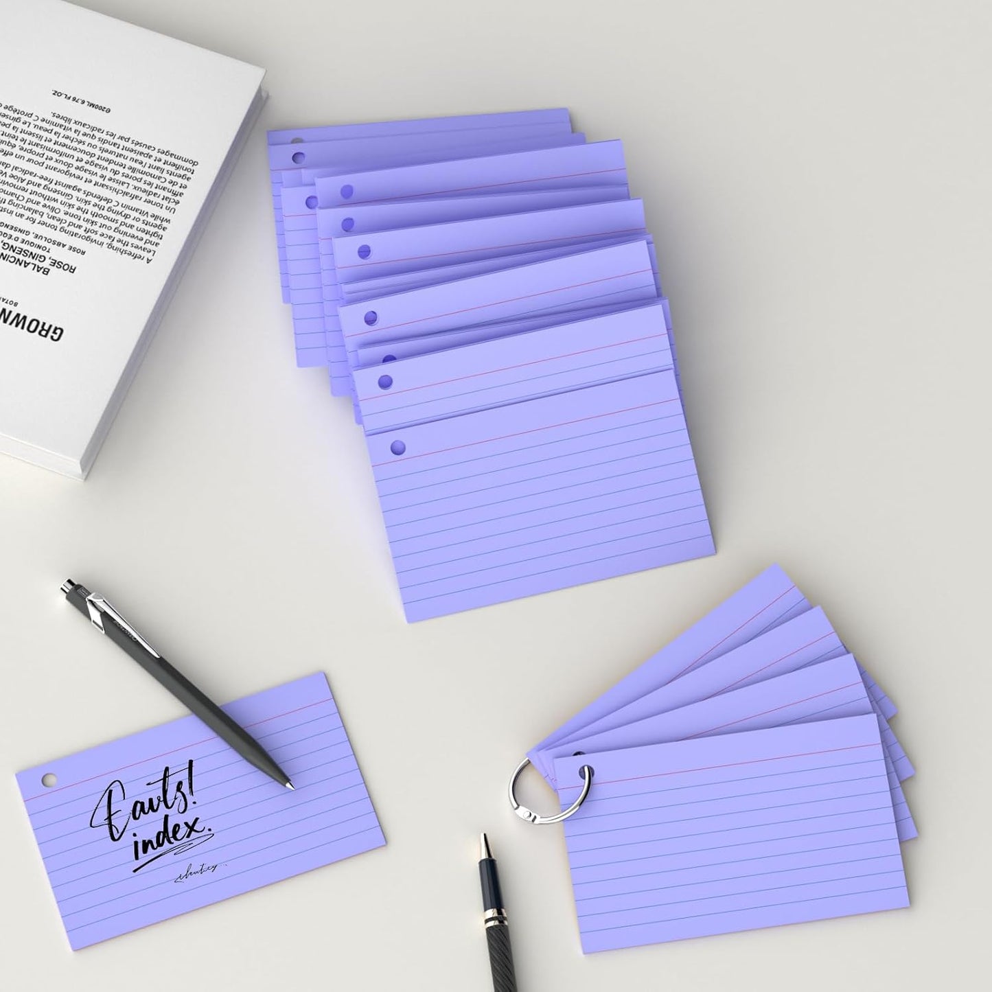 250 Count Purple Index Cards 3x5 Inch with Key Ring, Color Flash Index Card (50 Sheets Each), Durable & Portable Note Taking for Students, Teachers, Study Note Cards for Office Home School
