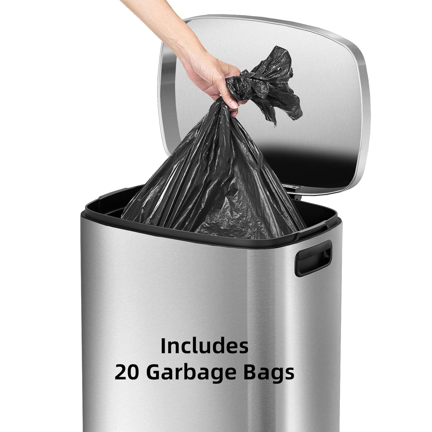 KUK 13 Gallon/50L Stainless Steel Kitchen Trash Can with Lid and Step Pedal-Large Capacity Garbage Bin with Odor Seal, Silent Close Lid, Removable Inner Bucket for Home, Kitchen, Bedroom, Silver