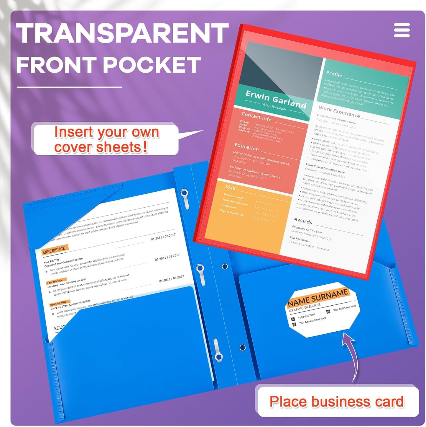 Henoyso 36 Pcs Plastic Folder with Clear Front Pocket and 3 Prong Plastic Folders with Card Slot Pocket Folders with Prongs for School Office (Multicolor)