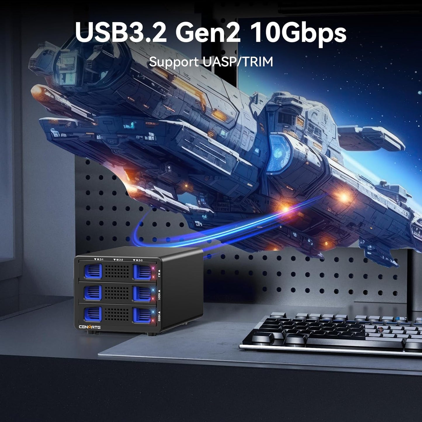 Hybrid 2*2.5/3.5" SATA HDD/SSD+3* M / B+M Key M.2 NVMe Enclosure with Cooling Fan and USB A/C 3.2 Gen 2, Hard Drive Enclosure Support 68TB(2*22TB HDD+3*8TB 2230/2242/2260/2280/22110 SSDs)