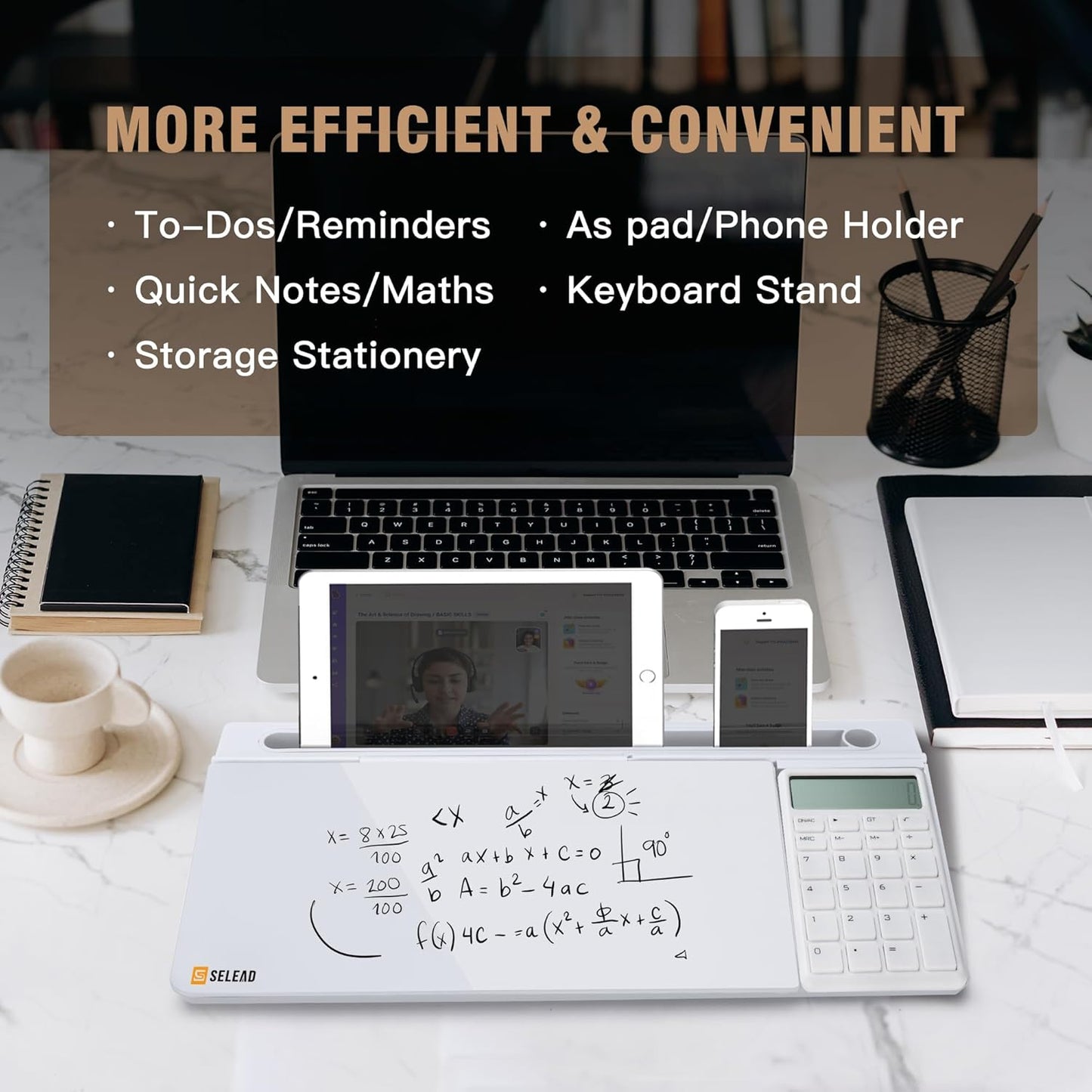 SELEAD Desktop Glass Whiteboard with Calculator, Organizer, Markers, Eraser, Holder - Small Dry Erase White Board Computer Pad Keyboard Stand Desk Drawer Accessories for Home, School, Office