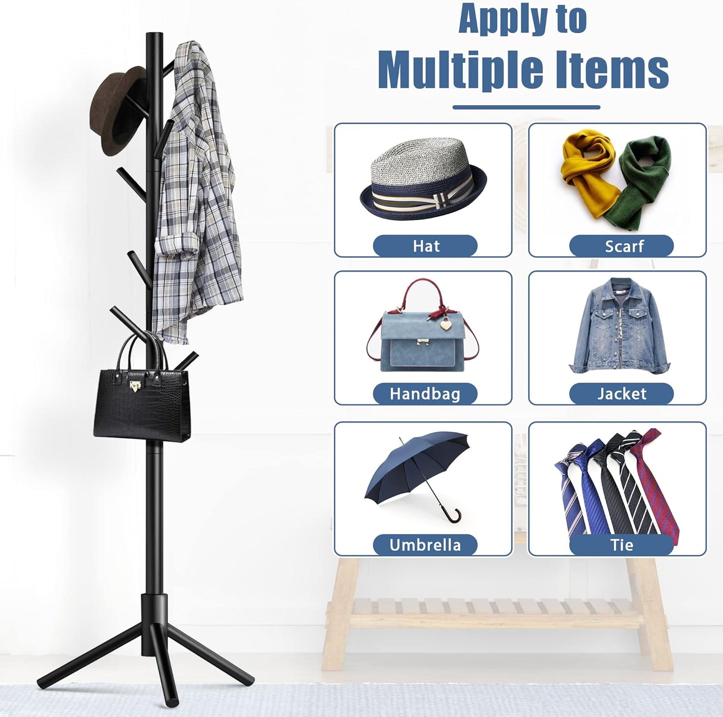 Haddockway Wooden Coat Rack Stand with 8 Hooks New Zealand Pine 3 Adjustable Coat Standing Tree Easy Assembly for Coats, Hats, Scarves and Handbags for Entryway, Hallway, Bedroom, Office,2 PCS