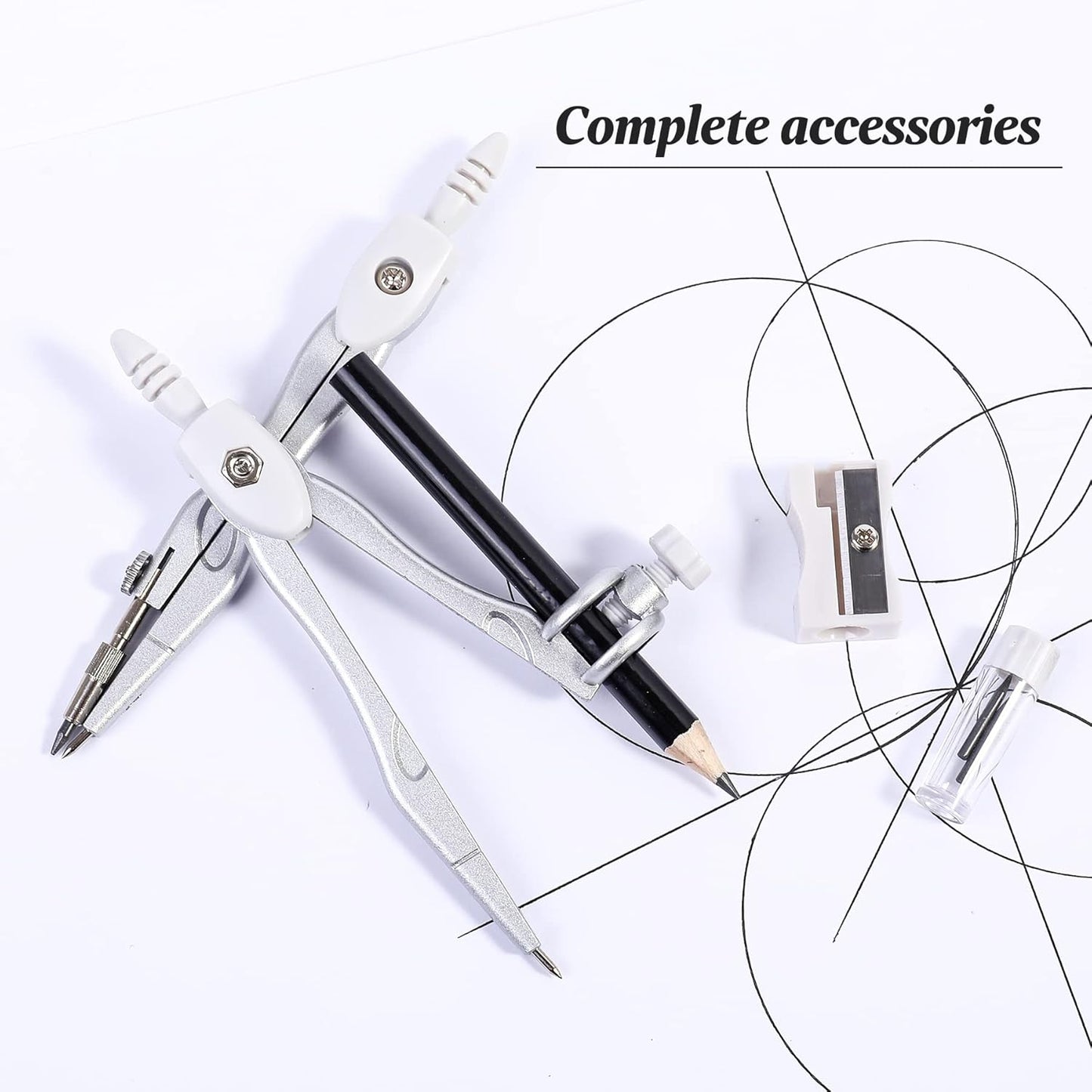 Math Geometry Kit Sets 10 Piece Student Supplies with Shatterproof Storage Box,Includes Rulers,Protractor,Compass,Eraser,Pencil Sharpener,Lead Refills,Pencil,for Drafting（White）