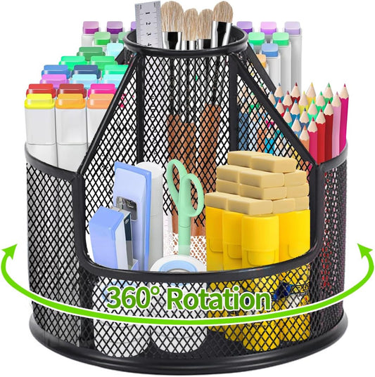 Pencil Holder, Rotating Desk Organizer, Metal Pen Organizer Mesh Pen Holder Office Desk Accessories Cute Office, School, Home,Art Suppliers (Black)