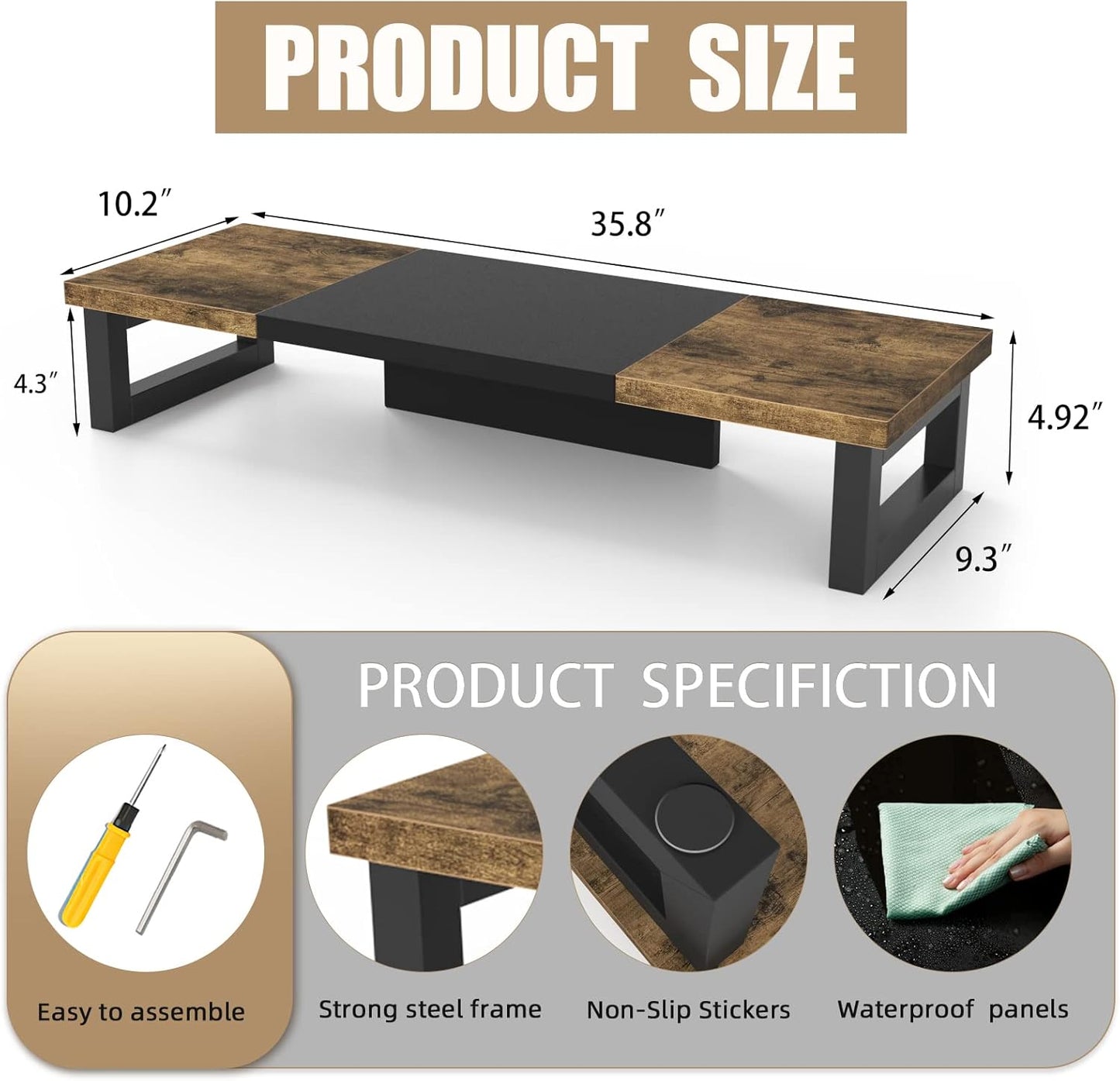 WESTREE Dual Monitor Stand Riser, Wood and Steel Monitor Stand Riser, Computer Monitor Stand for 2 Monitors, Multi-Purpose Desktop Storage Stand for Computer,Laptop,Printer,TV
