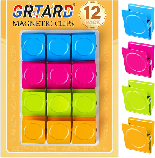 Grtard 12 Pack Magnetic Clips Heavy Duty, Colorful Strong Fridge Magnet Clips Heavy Duty, Metal Magnet Clips for Fridge, clip Magnets, Magnetic Clips for Refrigerator, Locker, Whiteboard, Home, Office