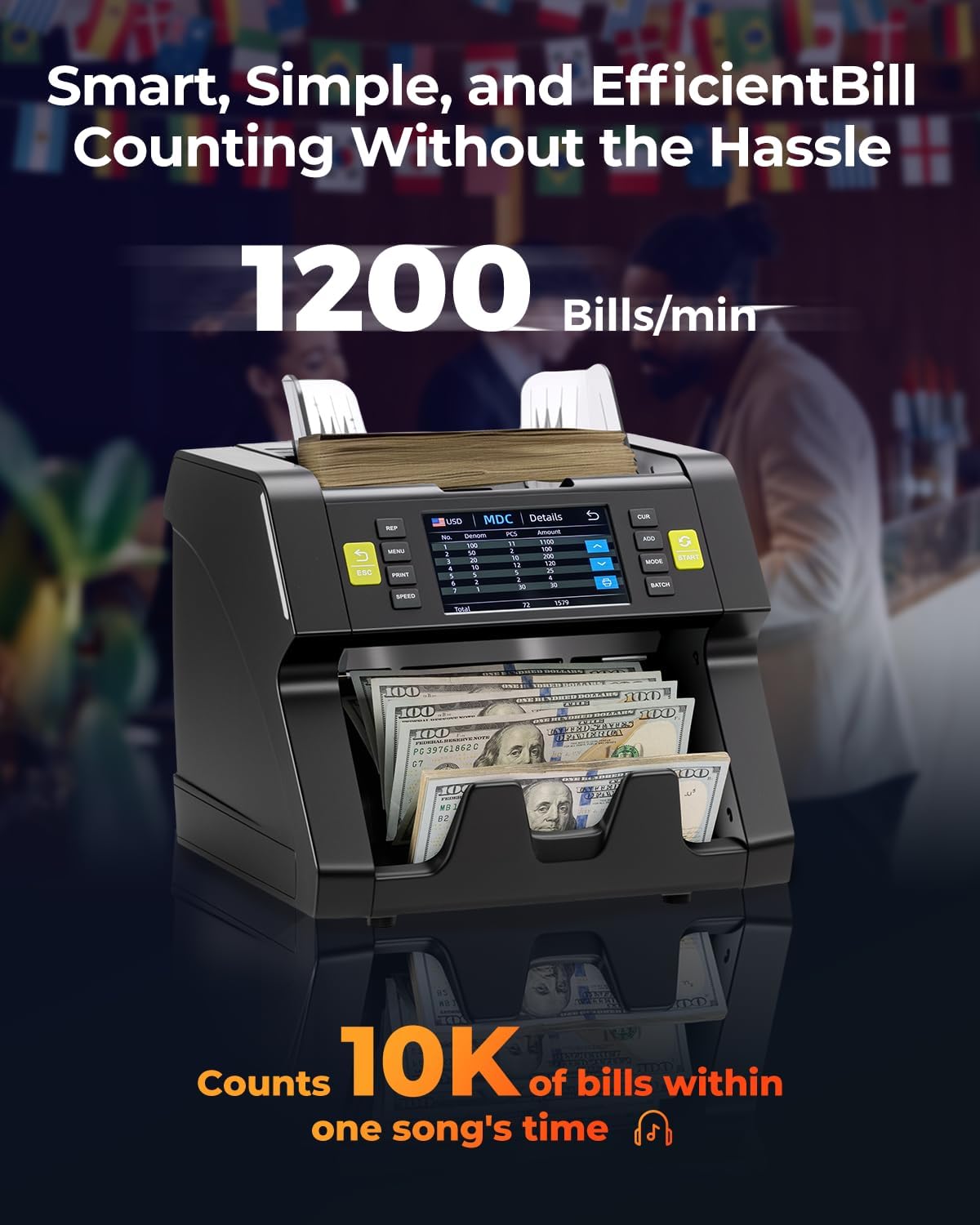 MUNBYN IMC21 Money Counter Machine Mixed Denomination, CIS/UV/IR/MG/MT Counterfeit Detection, Touch Screen, USD, MXN, LBP, CAD Cash Counter for Business, Printer Compatible Bill Counter, 2Y Protect
