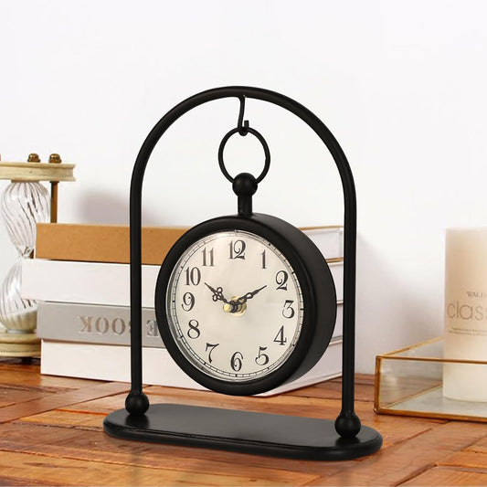 Vintage Metal Table Clock, Farmhouse Table Clock, Small Black Silent Non-Ticking Battery Operated Desk and Shelf Clocks for Home Kitchen Living Room Bedroom Decor