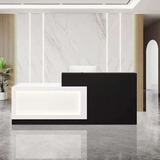 Modern Reception Desk with Counter and Drawer Office Front Desk with Cabinet Wooden Commercial Reception Table Checkout Counter for Retail Salon Lobby Black and White Left 71inch/180cm