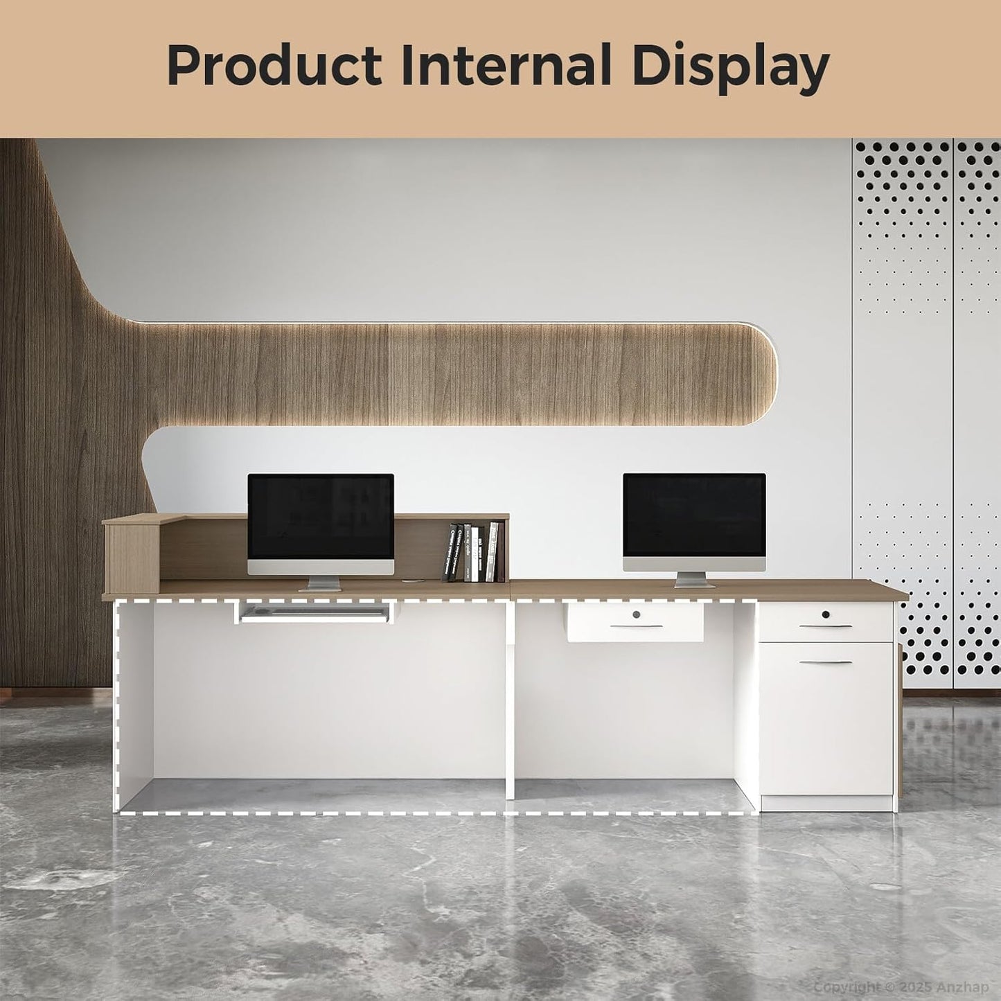 Modern Reception Desk – L Shaped Front Desk Checkout Counter with Drawers, Storage Cabinet and Double-layer tabletop for Office, Salon, Lobby, Cashier (White+Natural/Left, 71"L * 24"W * 39"H)