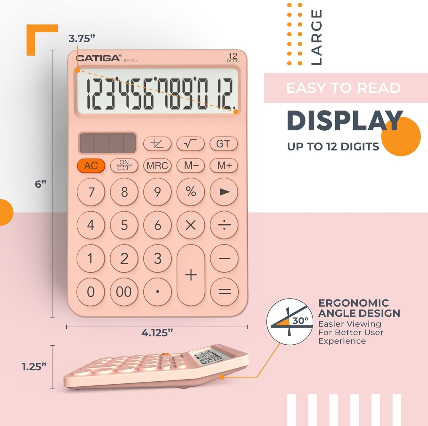 CATIGA 12 Digit Desktop Calculator Basic Desk Calculator with Large LCD Display, Big Buttons, 4 Function, Solar and Battery Dual Power, for Office, School, Home, SD-1292 Pink