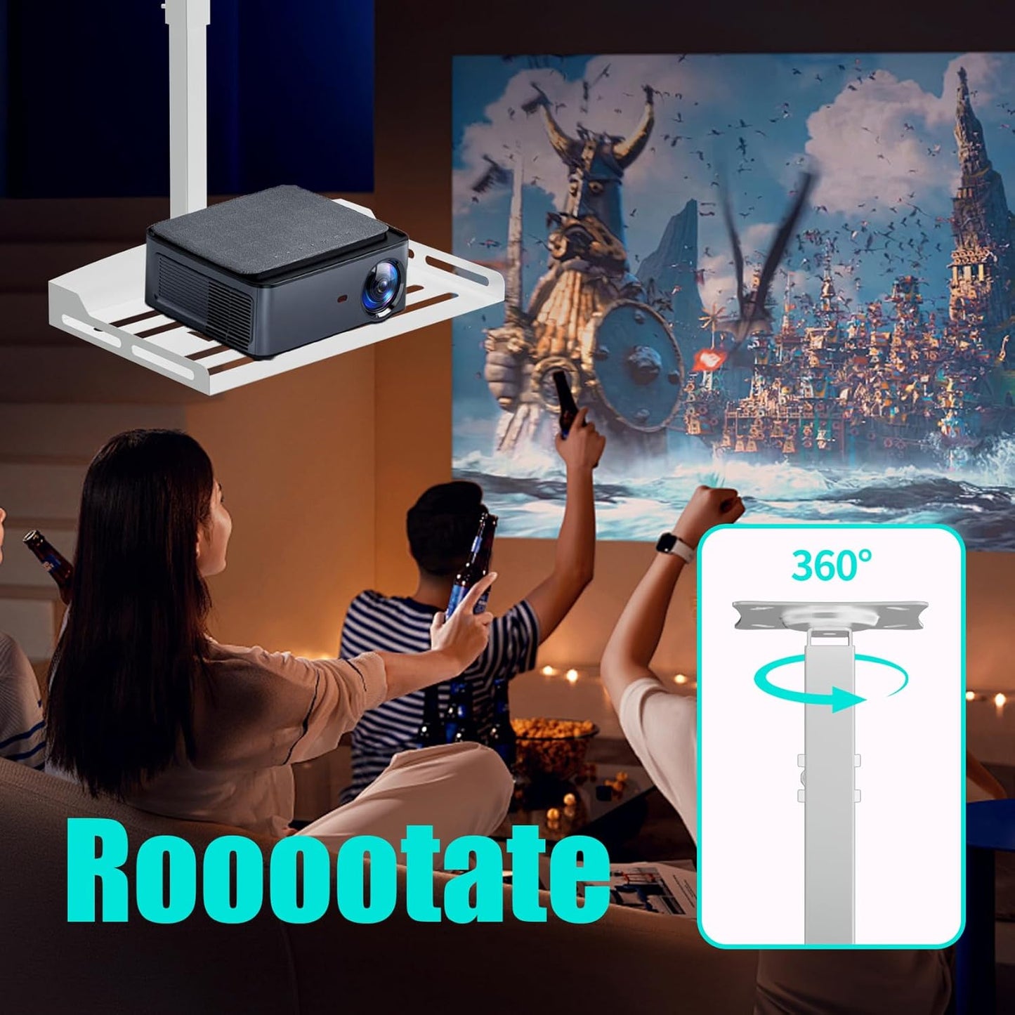 Universal Projector Ceiling Mount with Tray, Projector Wall Mount Hidden Cable Routing, Height Adjustable up to 22.8 inches, Holds up to 11 lbs, Ideal for Home Theater and Office - White