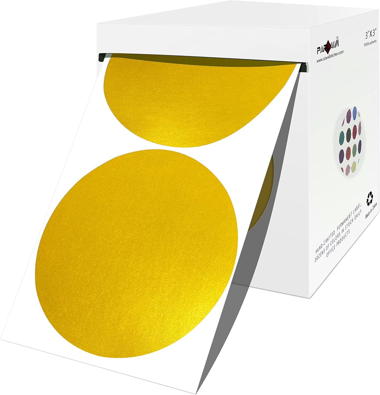 PARLAIM 3 X 3 inch Color Code Dot Stickers, 500pcs 3" Gold Round Color Coding Circle Labels per Roll in Dispenser Box for Inventory Storage Present Box