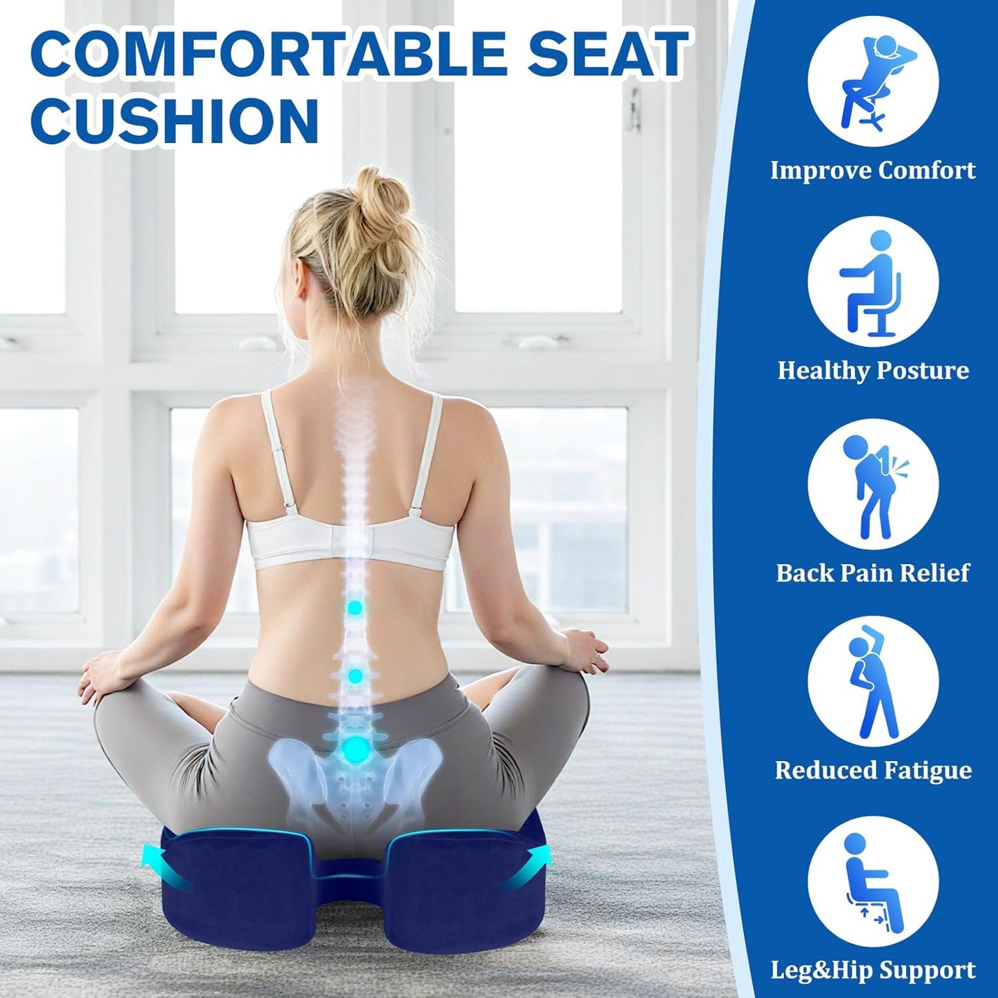 Seat Cushion, Gel Chair Cushions, Office Chair Cushions, Anti-Slip Bottom & Removable Cover Tailbone Pain Relief Cushion, Memory Foam Seat Cushion for Office, Wheelchair, Car (Blue)
