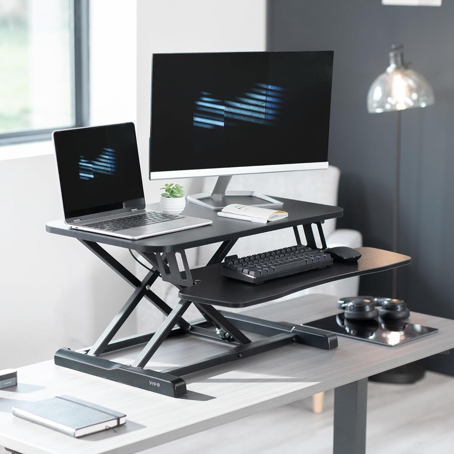 VIVO 28 inch Desk Converter, K Series, Height Adjustable Sit to Stand Riser, Dual Monitor and Laptop Workstation with Keyboard Tray, Black, DESK-V028KB