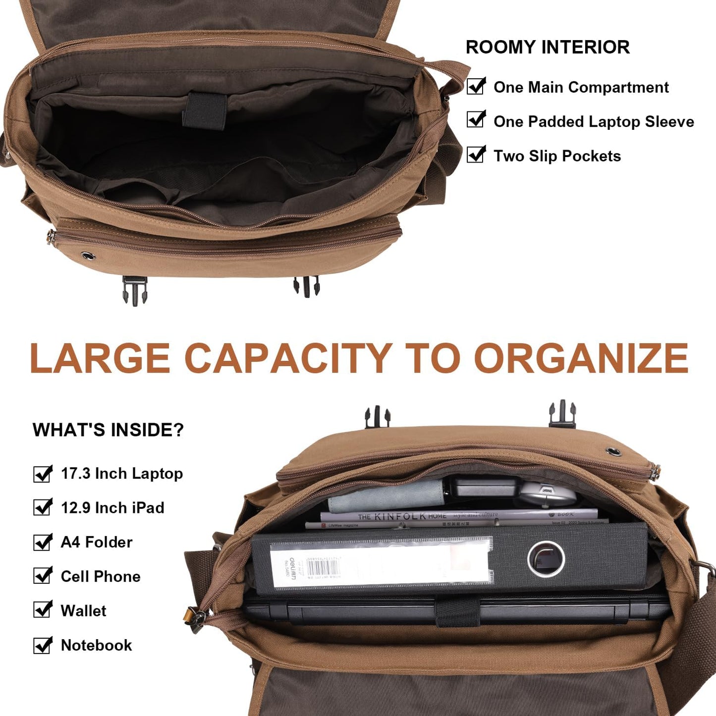 ESTARER Messenger Bag 17-17.3 Inch, Men's Computer Bag Water-resistant Canvas, Laptop Shoulder Bag for Travel Work College, Brown