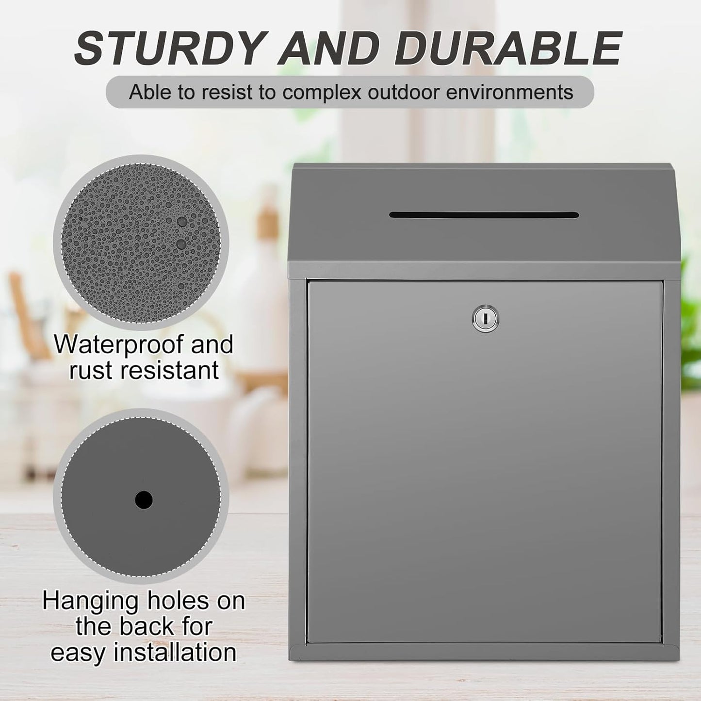 Metal Donation Cash Box Collection Safe Suggestion Box with Lock Wall Mounted Mailbox Delivery Ballot Container for Home Office Outdoor Door(Grey,15 x 12 x 4 Inch)