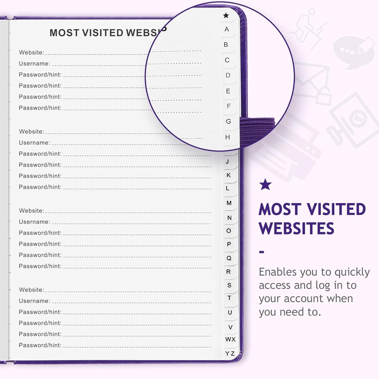 JUBTIC Password Book with Individual Alphabetical Tabs, 7"x10" Internet Password Keeper Book for Seniors, Password Notebook and Organizer/Notes Section,Purple