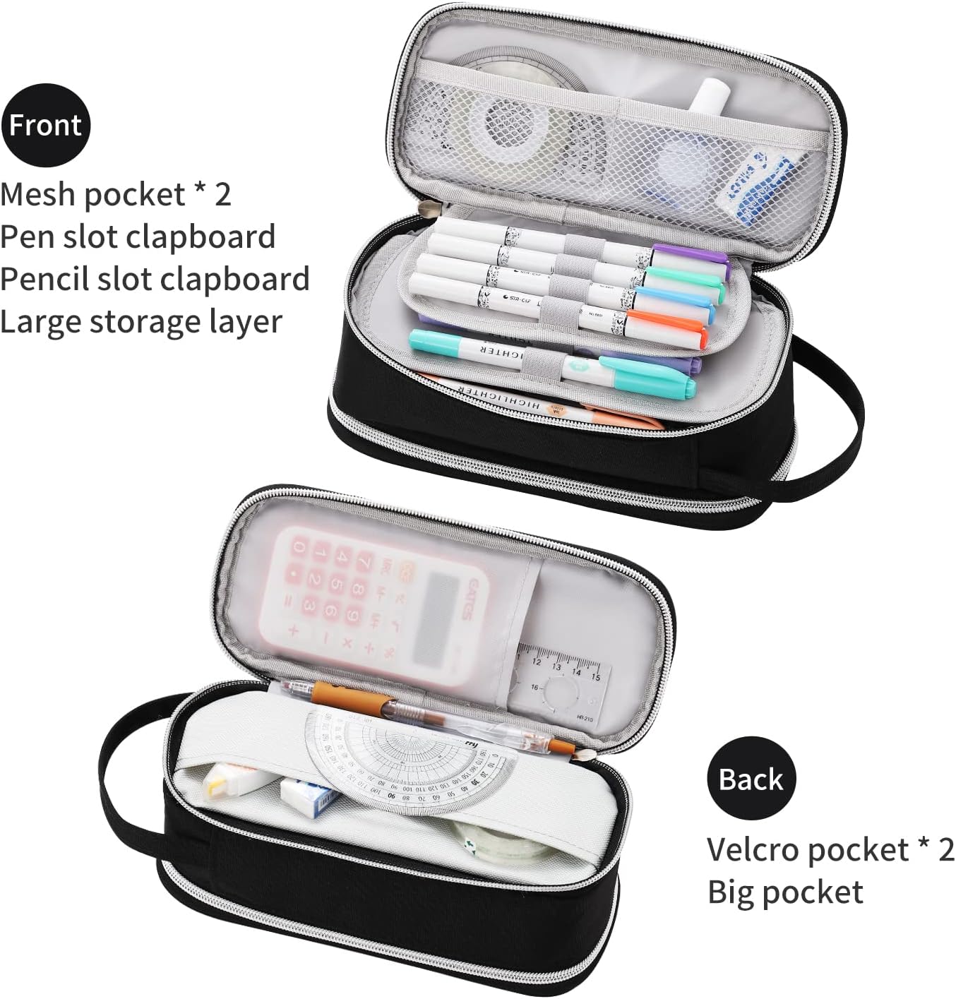 Dugio Big Pencil Case for Boys Teens Kids Zipper Pencil Pouch with Handle Organizer Pencil Bag Aesthetic Pencil Box for School Black