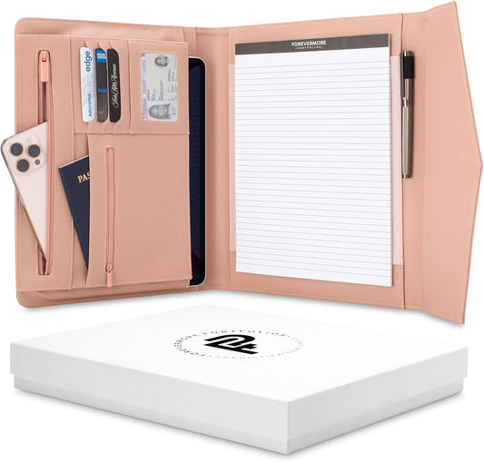 Padfolio Binder Organizer for Women | Faux Leather Portfolio Folder for Resume, Documents, Notebook, Tablet and Business Cards | Notepad Included - Pink