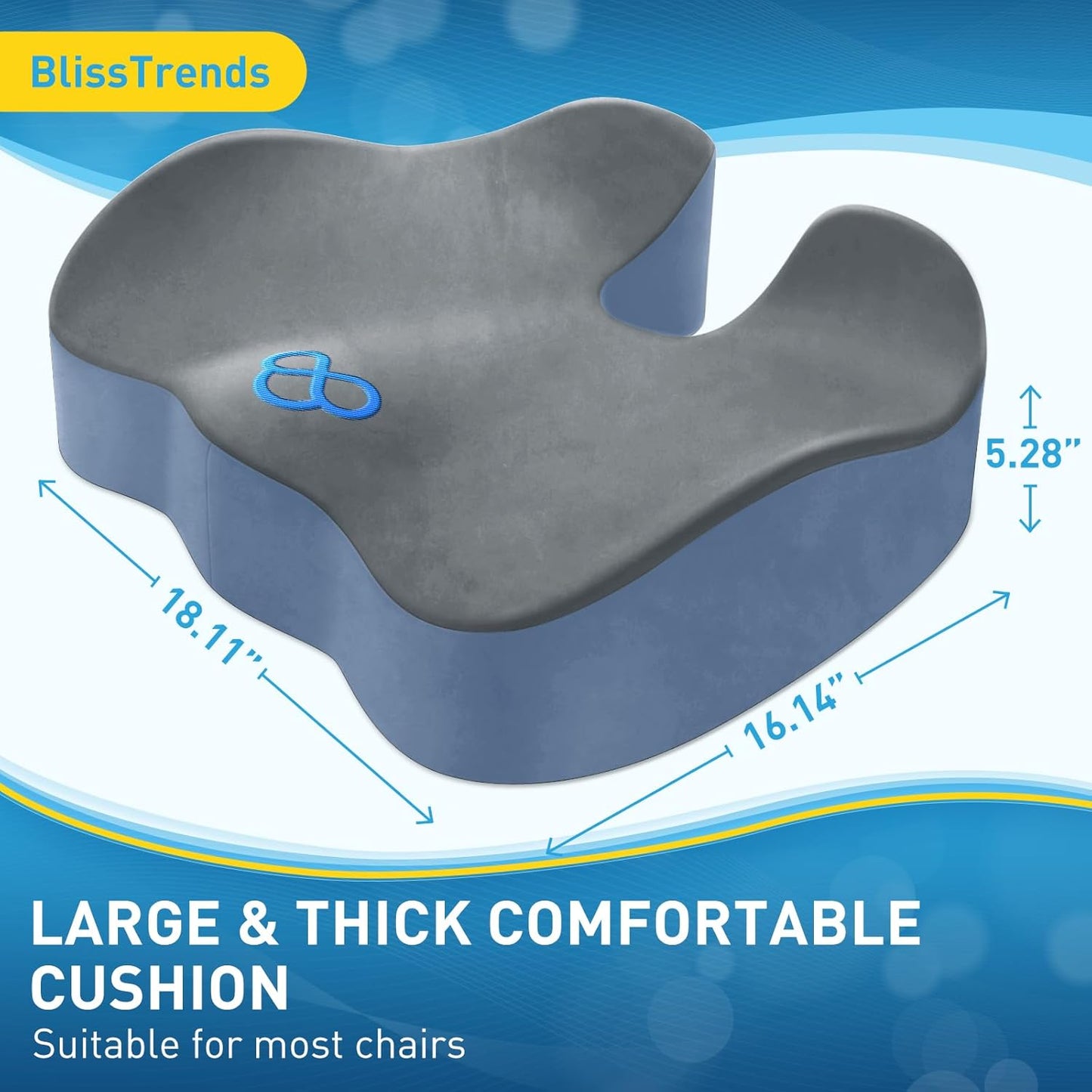 BlissTrends Seat Cushion,5.2in Thick Memory Foam Cushions for Office Chair, Car Seat, Airplane, Relieving Pressure Tailbone Sciatica Back Pain for Long Sitting Office Workers, Car Drivers Gery&Blue