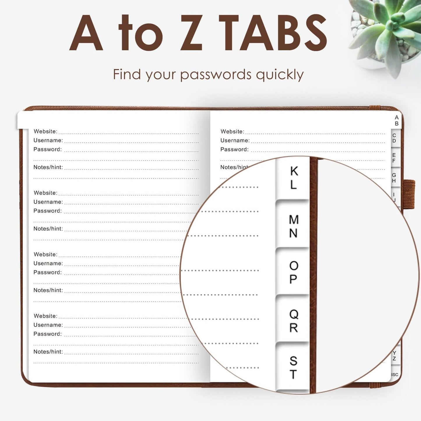 Elegant Password Book with Alphabetical Tabs - Hardcover Password Book for Internet Website Address Login - 7" x 10" Password Keeper and Organizer w/Notes Section & Back Pocket(Brown)