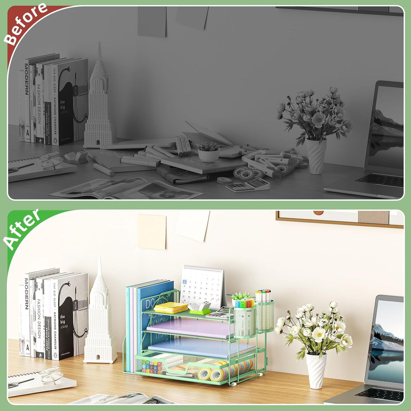 Marbrasse Desk Organizer and Accessories，4-Tier Paper Letter Tray Organizer with File Holder, Desk Accessories & Workspace Organizers with Drawer and 2 Pen Holder (Green, 15.4" x 9.1" x 8.3")