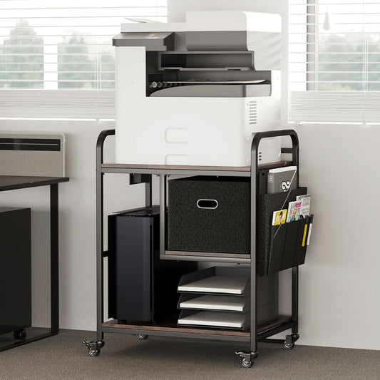 Large Printer Stand with Removable Storage Drawer, Mobile Printer Table with Charging Station for Home Office, Rolling Industrial Printer Cart with Wheels for Scanner Fax PC Tower (Brown)