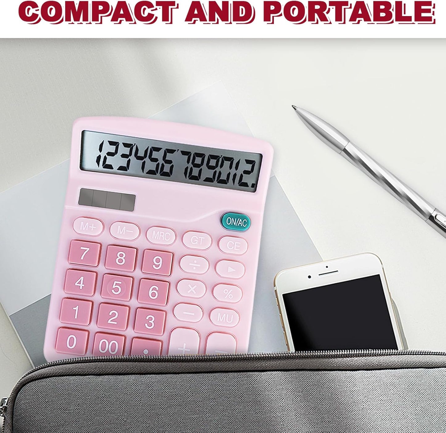 Basic Calculator with Comfortable Large LCD Display, 12 Digits Calculators Desktop, Tilt Screen, Big Button, Desk Calculator with Dual Power (Solar & Battery Included) (Pink)