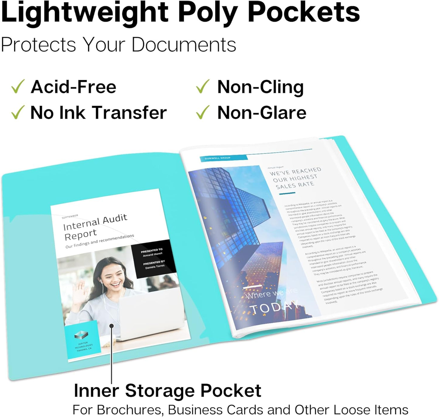 Dunwell Presentation Binder 12-Pocket, Displays 24 Pages, 8.5x11 Portfolio Binder with Plastic Sleeves, Storage and Organizer for Documents, Certificates, Projects, Photos (3 Pack, Aqua)